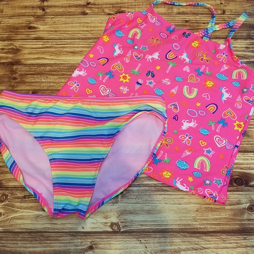 Wonder Nation Girls XL 14-16 Pink Unicorn Tankini Rainbow Swimsuit Set
